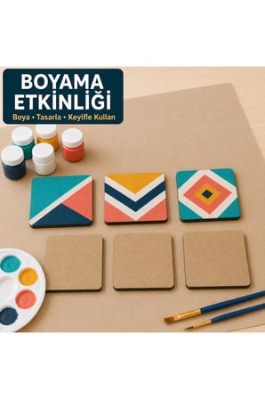 Çukurova Ahşap Lazer Kendin Yap 6’lı Kare Bardak Altlığı Seti Standlı 12x12 cm Ham MDF