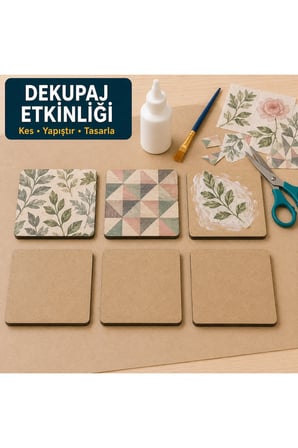 Çukurova Ahşap Lazer Kendin Yap 6’lı Kare Bardak Altlığı Seti Standlı 12x12 cm Ham MDF