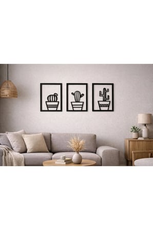 3 Parçalı Kare Şeklinde Kaktüsler Ahşap Tablo Seti / Duvar Dekoru / Siyah 3 mm MDF