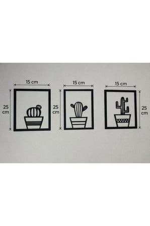 3 Parçalı Kare Şeklinde Kaktüsler Ahşap Tablo Seti / Duvar Dekoru / Siyah 3 mm MDF