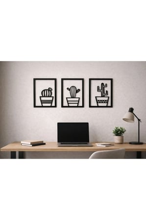 3 Parçalı Kare Şeklinde Kaktüsler Ahşap Tablo Seti / Duvar Dekoru / Siyah 3 mm MDF