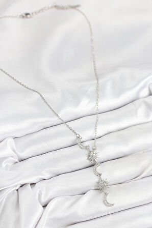 316L Çelik Zirkon Taşlı Güneş Ve Ay Model Gümüş Renk Kadın Kolye