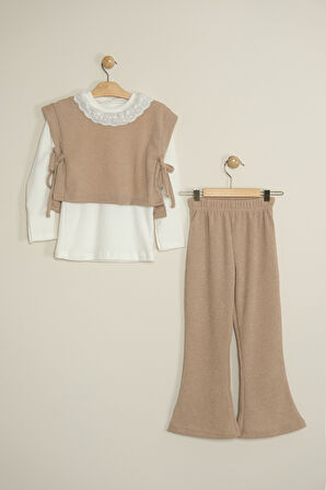 Kız Çocuk Bluzlu Süveterli Pantolonlu Üçlü Takım TKM.7070