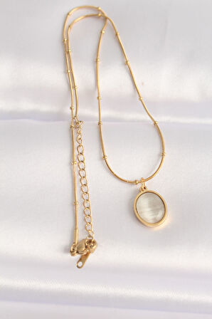 316L Çelik Zincir Altın Renk Gri Sedefli Oval Figürlü Kolye