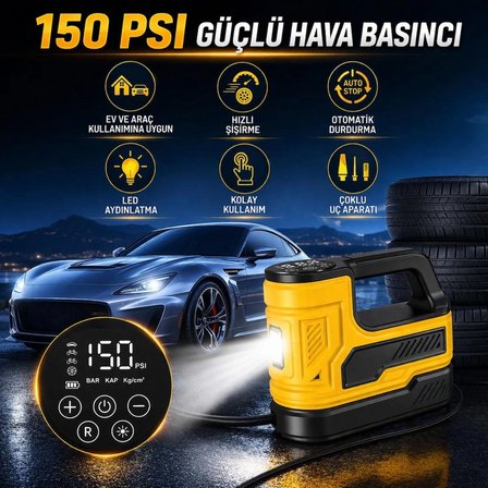 Araç Lastik Hava Kompresörü 150 PSI 12V Çakmaklık Girişli Taşınabilir Dijital Göstergeli LED Işıklı Hava Pompası