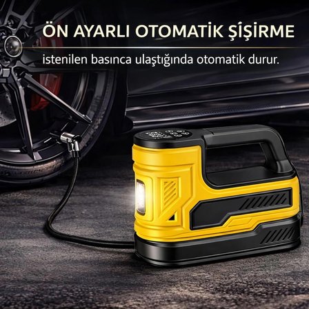 Araç Lastik Hava Kompresörü 150 PSI 12V Çakmaklık Girişli Taşınabilir Dijital Göstergeli LED Işıklı Hava Pompası
