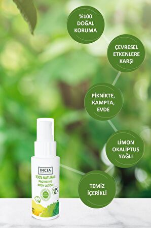 INCIA %100 Doğal Koruyucu Vücut Losyonu Sprey Yenidoğan Bebek Çocuk İçin Limon Okaliptus Vegan 50 ml