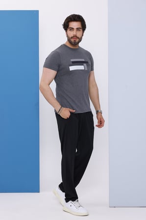 Erkek Antrasit Bisiklet Yaka Baskılı T-shirt - 170