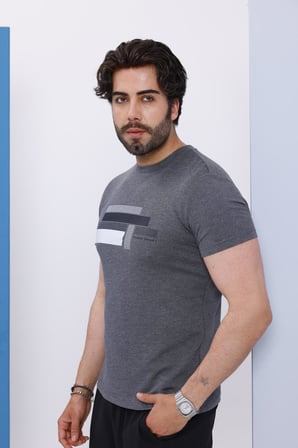 Erkek Antrasit Bisiklet Yaka Baskılı T-shirt - 170