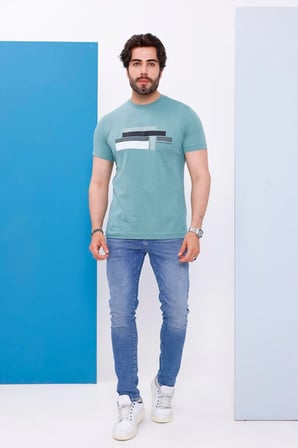 Erkek Yeşil Bisiklet Yaka Baskılı T-shirt - 170