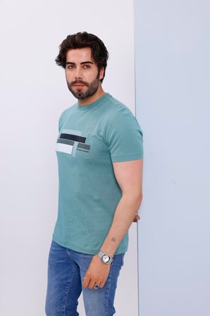 Erkek Yeşil Bisiklet Yaka Baskılı T-shirt - 170