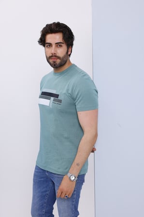 Erkek Yeşil Bisiklet Yaka Baskılı T-shirt - 170