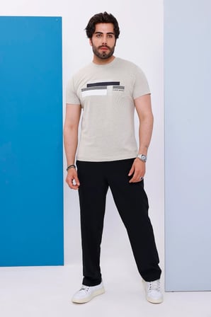 Erkek Bej Bisiklet Yaka Baskılı T-shirt - 170