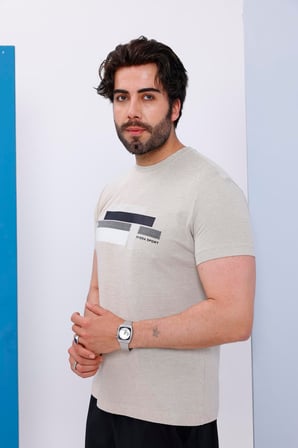 Erkek Bej Bisiklet Yaka Baskılı T-shirt - 170