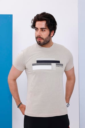 Erkek Bej Bisiklet Yaka Baskılı T-shirt - 170
