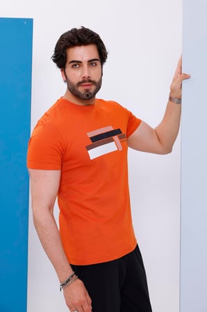 Erkek Kiremit Bisiklet Yaka Baskılı T-shirt - 170