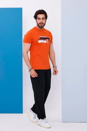 Erkek Kiremit Bisiklet Yaka Baskılı T-shirt - 170