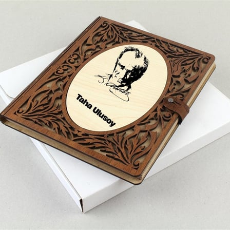 Atatürk Tasarımlı Kişiye Özel Ahşap Defter - İsme Özel 