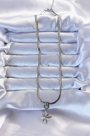 316L Çelik Gümüş Renk Zirkon Taşlı İtalyan Zincirli Kutup Yıldızı Kolye