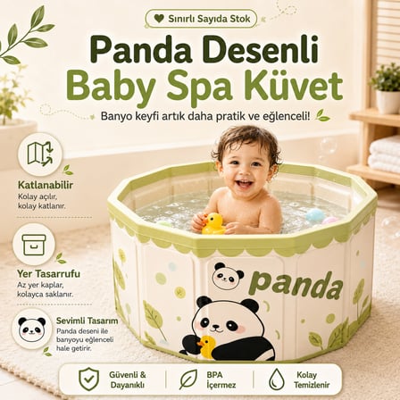 Baby Spa Panda Desenli Portatif Bebek ve Çocuk Küveti / Katlanabilir Oyun Havuzu + Boyun Simidi Hediyeli