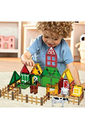 Manyetik Yapı Blokları 46 Parça Çocuklar İçin Eğitici Oyuncak Manyetik Karo Oyun Seti Çiftlik Temalı