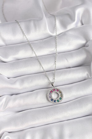 316L Çelik Gümüş Renk Zincir Renkli Zirkon Taşlı Madalyon Model Kadın Kolye