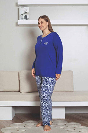 Kadın Etnik Desenli 3 Düğmeli Likralı Viskon Mevsimlik Uzun Kol Pijama Takımı