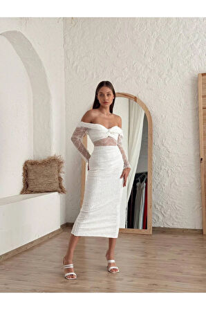 Kadın Abiye Tül İşlemeli Transparan Göbek Detaylı Midi Elbise - Abiye & Mezunyet Elbisesi