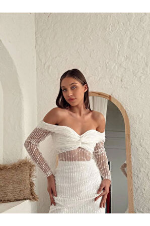 Kadın Abiye Tül İşlemeli Transparan Göbek Detaylı Midi Elbise - Abiye & Mezunyet Elbisesi