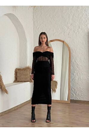 Kadın Abiye Tül İşlemeli Transparan Göbek Detaylı Midi Elbise - Abiye & Mezunyet Elbisesi