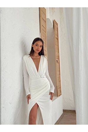 Kadın Abiye Derin Degaje Yaka Likralı Kemer Detaylı Bodycon Maxi Elbise - Abiye & Mezuniyet Elbisesi