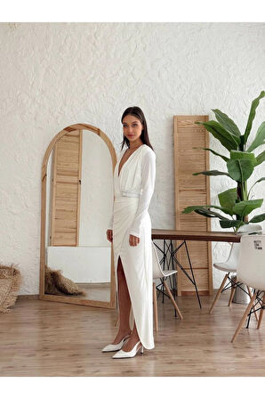 Kadın Abiye Derin Degaje Yaka Likralı Kemer Detaylı Bodycon Maxi Elbise - Abiye & Mezuniyet Elbisesi