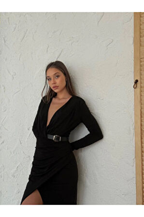 Kadın Abiye Derin Degaje Yaka Likralı Kemer Detaylı Bodycon Maxi Elbise - Abiye & Mezuniyet Elbisesi