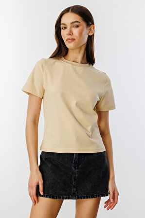 Kadın T-shirt Kısa Kollu Organik Pamuklu Bisiklet Yaka Crop T-shirt KADIN-T-SHIRT