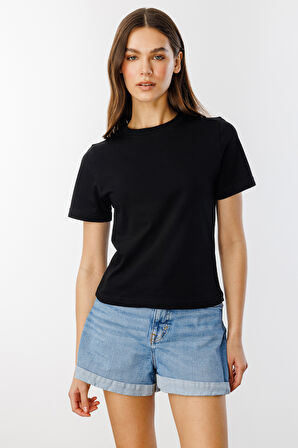 Kadın T-shirt Kısa Kollu Organik Pamuklu Bisiklet Yaka Crop T-shirt KADIN-T-SHIRT