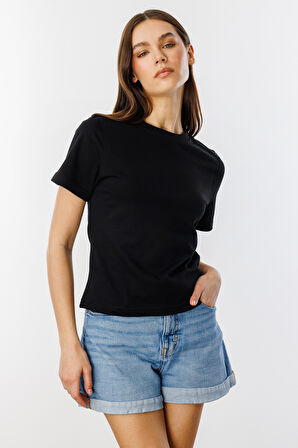 Kadın T-shirt Kısa Kollu Organik Pamuklu Bisiklet Yaka Crop T-shirt KADIN-t-shirt