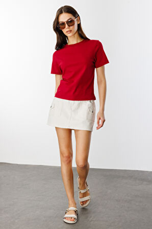 Kadın T-shirt Kısa Kollu Organik Pamuklu Bisiklet Yaka Crop T-shirt KADIN-t-shirt