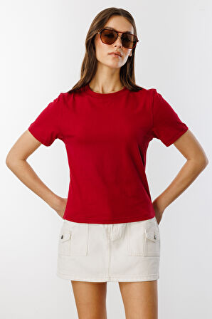 Kadın T-shirt Kısa Kollu Organik Pamuklu Bisiklet Yaka Crop T-shirt KADIN-t-shirt