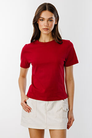 Kadın T-shirt Kısa Kollu Organik Pamuklu Bisiklet Yaka Crop T-shirt KADIN-T-SHIRT