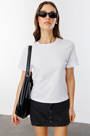Kadın T-shirt Kısa Kollu Organik Pamuklu Bisiklet Yaka Crop T-shirt KADIN-T-SHIRT