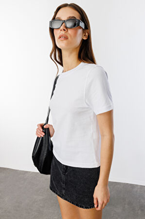 Kadın T-shirt Kısa Kollu Organik Pamuklu Bisiklet Yaka Crop T-shirt KADIN-T-SHIRT