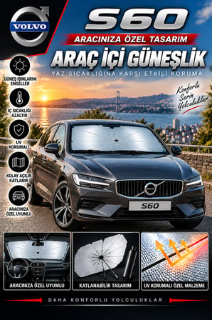 Volvo S60 Araç Ön Cam Güneşliği Katlanabilir Şemsiye Oto Güneşlik UV Korumalı Gölgelik Araba Oto Şemsiyesi