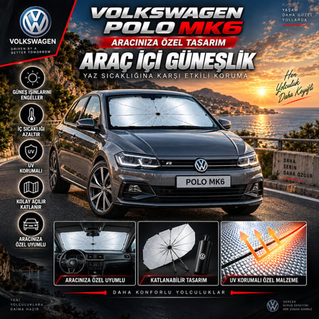 Volksvogen Polo MK6 Araç Ön Cam Güneşliği Katlanabilir Şemsiye Oto Güneşlik UV Korumalı Gölgelik Araba Oto Şemsiyesi