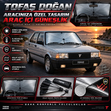 Tofaş Doğan Araç Ön Cam Güneşliği Katlanabilir Şemsiye Oto Güneşlik UV Korumalı Gölgelik Araba Oto Şemsiyesi