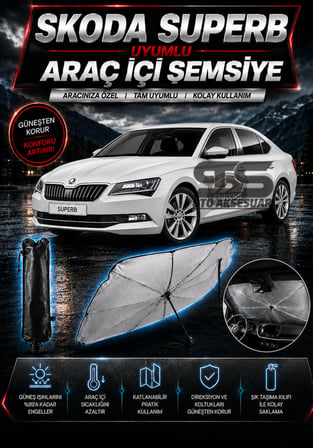 Skoda SuperB Araç Ön Cam Güneşliği Katlanabilir Şemsiye Oto Güneşlik UV Korumalı Gölgelik Araba Oto Şemsiyesi