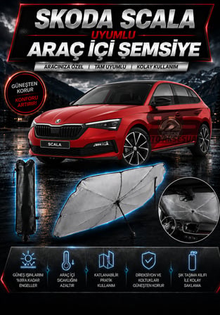 Skoda Scala Araç Ön Cam Güneşliği Katlanabilir Şemsiye Oto Güneşlik UV Korumalı Gölgelik Araba Oto Şemsiyesi