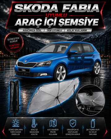 Skoda Fabia Araç Ön Cam Güneşliği Katlanabilir Şemsiye Oto Güneşlik UV Korumalı Gölgelik Araba Oto Şemsiyesi