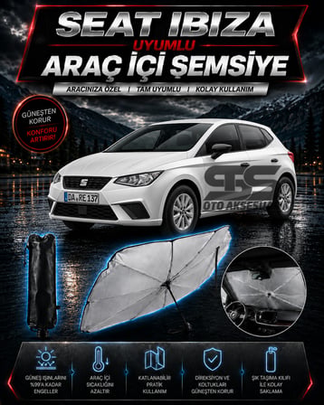 Seat Ibıza Araç Ön Cam Güneşliği Katlanabilir Şemsiye Oto Güneşlik UV Korumalı Gölgelik Araba Oto Şemsiyesi