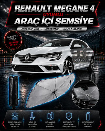Renault Megane 4 Araç Ön Cam Güneşliği Katlanabilir Şemsiye Oto Güneşlik UV Korumalı Gölgelik Araba Oto Şemsiyesi