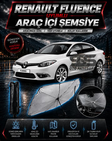 Renault Fluence Araç Ön Cam Güneşliği Katlanabilir Şemsiye Oto Güneşlik UV Korumalı Gölgelik Araba Oto Şemsiyesi